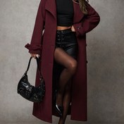 Resim Kadınlar için Şık Bordo Tweed Kışlık Mont - Beli Sıkılaştırıcı Düğme Kapamalı Uzun Yaka, Çentikli Lapel & Büyük Yaka, Makinede Yıkanabilir Sonbahar/Kış İçin Sıcak Dış Giyim, Günlük ve Resmi Etkinlikler 