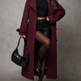 Resim Kadınlar için Şık Bordo Tweed Kışlık Mont - Beli Sıkılaştırıcı Düğme Kapamalı Uzun Yaka, Çentikli Lapel & Büyük Yaka, Makinede Yıkanabilir Sonbahar/Kış İçin Sıcak Dış Giyim, Günlük ve Resmi Etkinlikler 