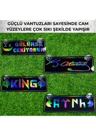 Resim Kişiye Özel Hologram Vantuzlu Dekor Plaka Parlak Siyah Pleksi Oto Aksesuar Vantuzlu 22x7,5 Cm Lazer Kesim 