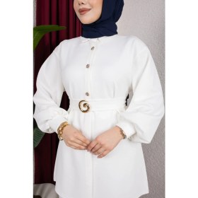 Resim Weak Blue Kemer Detaylı Tesettür Ikili-Düğmeli Tunik Bol Paça Şık Günlük Kombin 