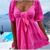 Resim Novahub Yaz Kadın Elbisesi Moda Peplum Bağlamalı V Yaka Kısa Kollu Elbiseler Gül Kırmızısı - L Koyu Pembe 