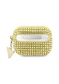 Resim Apple Uyumlu AirPods Pro 2 Kılıf Guess Lisanslı Parıltılı Taş Kaplamalı Üçgen Logo Süs Zincirli Gold 