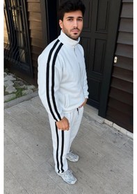Resim Erkek Çift Şeritli Eşofman Takım Dik Yaka Fermuarlı Sweatshirt Boru Paça Alt, Oversize 3 Iplik Pamuklu - Beyaz Beyaz 