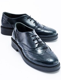 Resim GRADA Lacivert Hakiki Rugan Deri Bağcıklı Kadın Oxford Ayakkabı Kadın Oxford Brogue Klasik Deri Ayakkabı 