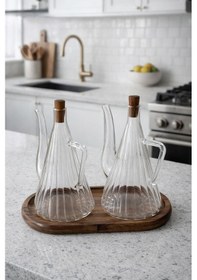 Resim Morponi Akasya Stantlı Borosilikat Cam Akasya Kapak Glazzy Yağlık Seti 500 Ml + 500 Ml Çizgili Tasarım Amber 