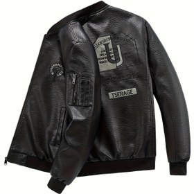 Resim Erkekler için Vintage Siyah PU Deri Bomber Ceket, Motosiklet Sürücüsü ve "Genç Kal Sert Sür" Nakışlı, Fermuar Kapatmalı, Makinede Yıkanabilir Regular Fit Casual Streetwear, Dayanıklı Polyester Astar 