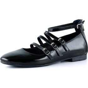 Resim Erkan Saçmacı Elenuta Siyah Hakiki Deri Rugan Dört Bant Tokalı Fermuarlı Balerin Babet Siyah 