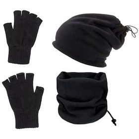 Resim Eke Tekstil 3'lü Set Soğuk Geçirmez Termal Polar Boyunluk Bere ve Örgü Kesik Eldiven Siyah 