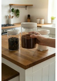 Resim Lengo 3'lü 1200 Ml Mühürlü Vakumlu Borosilikat Cam Erzak Saklama Kavanozu Şeffaf Beyaz 