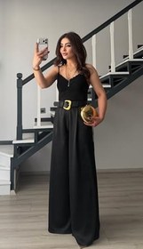 Resim Siyah Premium Kemerli Saten Pantolon 