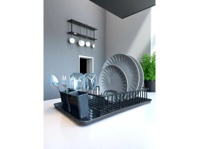 Resim Siyah Metal Tezgah Üstü Bulaşıklık ve Kurutmalık, Tepsili ve Kaşıklıklı, Tek Katlı 