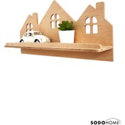 Resim Sodo Home Montessori Ev Şeklinde Yapıştırılabilir Duvar Rafı Bebek Çocuk Odası Doğal Ahşap Iskandinav 50 Cm 