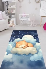 Resim Pelangi Bulutlarda Uyuyan Kedicik Yıkanabilir Kaymaz Taban Leke Tutmaz Çocuk Odası Halısı, Mavi-Beyaz 60 x 120 
