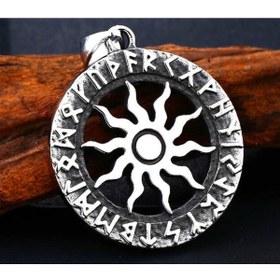 Resim VİKİNGS Paslanmaz Çelik Viking Rune Alfabe Detaylı Güneş Kolye 