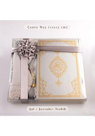 Resim Şal + Seccade + Tesbih + Kuran Hediye Seti Çanta Boy, Ekonomik Cilt, Gri 