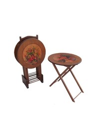 Resim Zigon Çanta Sehpa Model Çiçek Motif Yuvarlak Parlak Ceviz Kayın Torna Ayak El Yapım 