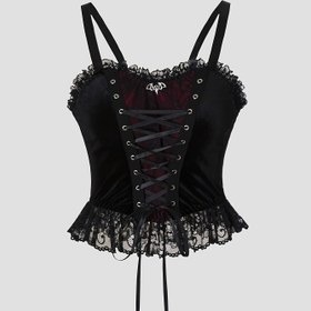 Resim Y2K Gotik Tarzı Seksi Dantel ve Kadife Kolsuz Üst, Dantel Detaylı ve Siyah Kadife Panellerle, Sadece Elde Yıkama, Katman veya Tek Başına Giyim için Mükemmel, Dantel Kenar 