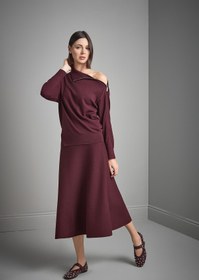 Resim Beli Lastikli Kloş Midi Bordo Triko Etek 