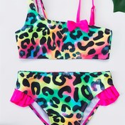 Resim Sevimli Kelebek Yayı Leopar Desenli Moda Askılı Kız Bikini, Yazlık Plaj Tatili Rahat Kızlar Su Oyunları 