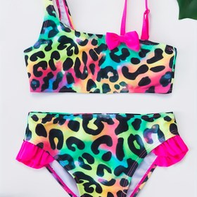 Resim Sevimli Kelebek Yayı Leopar Desenli Moda Askılı Kız Bikini, Yazlık Plaj Tatili Rahat Kızlar Su Oyunları 