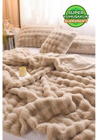 Resim Kürk Yatak Örtüsü Çift Kişilik Dolgulu Peluş Yumuşak Çift Taraflı Yorgan 3 Parça Loria Kahve Kahverengi 