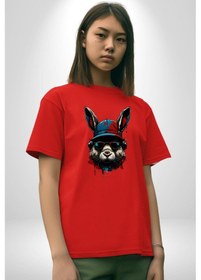 Resim Müzik Şapka Gözlük Takan Tavşan Pamuklu Bisiklet Yaka Unisex Oversize Boyfriend Dijital Baskılı Kırmızı T-shirt Kırmızı 