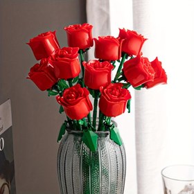 Resim DIY Tuğla Gül Vazo - Yeşil Cam Vazo'da Yapay Kırmızı Gül, Sevgililer Günü, Noel, Cadılar Bayramı, Doğum Günleri ve Yeni Yıl için Mükemmel - Arkadaşlar için İdeal Hediye, Festivite Masa Dekoru | Yapay Çiçekler | Parlak Bitiş, Çiçek Süslemeleri 