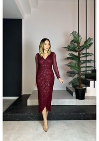 Resim Ges Moda G0768 Kruvaze Yaka Payet Tasarım Elbise Bordo-bordo 