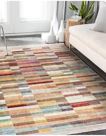 Resim RealHomes Rengarenk Zemin Patchwork Motifli Kilim Desenli Vintage Sade Şık Salon Koridor Antre Saçaklı Halı HaliDik-Deluxe-12023, 80 x 400 