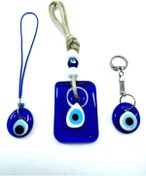 Resim Ennea Art Nazar Boncuğu Dikdörtgen Duvar Dekoru Anahtarlık Araba Dikiz Ayna Süsü El Yapımı Cam Üçlü Set 