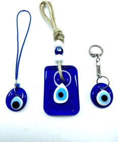 Resim Ennea Art Nazar Boncuğu Dikdörtgen Duvar Dekoru Anahtarlık Araba Dikiz Ayna Süsü El Yapımı Cam Üçlü Set 