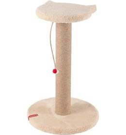 Resim Pugalo Stepli Kedi Yüzlü Platform Tırmalama Tahtası, Gri Peluş Kaplı, Sisal İpli, Oyuncaklı Krem 
