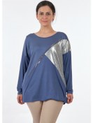 Resim Twomail Yuvarlak Yaka Büyük Beden Uzun Kollu İndigo Kadın Bluz My 001 