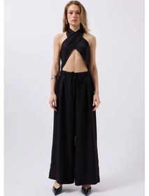 Resim Düşük Bel Oversize Keten Pantolon Siyah 