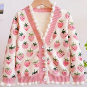 Resim Tatlı Çilek Kızlar V-yaka Kazak Hırkalar, Termal Astarlı Uzun Kollu Kış Sıcak Örme Ceketler 