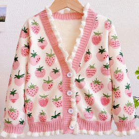 Resim Tatlı Çilek Kızlar V-yaka Kazak Hırkalar, Termal Astarlı Uzun Kollu Kış Sıcak Örme Ceketler 