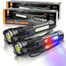 Resim Yüksek Güçlü LED El Feneri - COB Kırmızı/Mavi Yan Uyarı Işığı, Şarj Edilebilir, Uzaktan Ayarlanabilir Zoom Özellikli, 7 Modlu Balıkçı Kamp Lambası, Çok Pratik ve Taşınabilir 