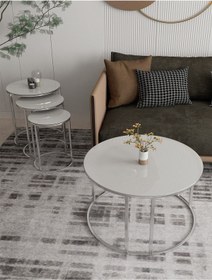 Resim Puklife Ceylin 4lü Zigon Ve Orta Sehpa Seti Gümüş Ayak Beyaz Cam 