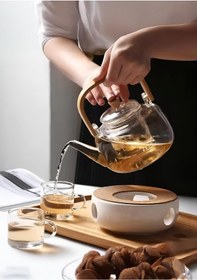 Resim Borosilikat Cam Demlik - Bambu Kulplu Bitki Demliği - Isıya Dayanıklı 1.2 L Şeffaf 