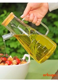 Resim 2 Adet Vakumlu Bambu Kapaklı Borosilikat Yağdanlık, Zeytinyağı Sıvıyağ Şişesi, Yağlık 900 Ml Oilpot 
