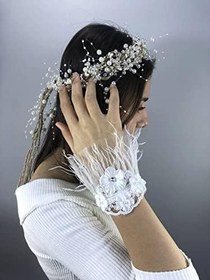 Resim Krem İncili Taç Ve Beyaz Tüylü Bileklik Nikah Takımı 