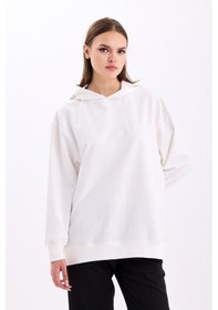 Resim Pastelastore Pamuklu Kapüşonlu 2 İplik Baharlık Oversize Sweatshirt Ekru 