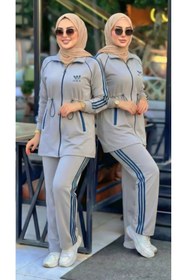 Resim lamaro Kadın Gri Spor Eşofman Takımı - Belden Büzgülü, Şerit Detaylı Rahat İkili Takım 