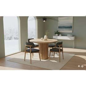 Resim Modern Ahşap Yuvarlak Zenit Yemek Masası Takımı 4 Kişilik, Zarif Ve Dayanıklı Tasarım Naturel Antrasit 