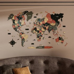 Resim Renkli Baskılı 3D Ahşap Dünya Haritası (Sage) - 120x75 cm / Türkçe 
