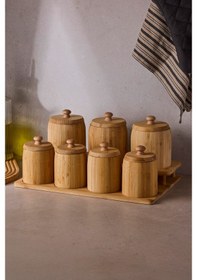 Resim Pisa 7'li Tezgah Üstü Bambu Standlı Baharatlık Seti Kahverengi 