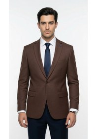 Resim Plus Scorpion Erkek Blazer Ceket Twill Dokuma Likralı Notch Yaka 1 Düğmeli Çift Yırtmaçlı Slim Fit Kahverengi 