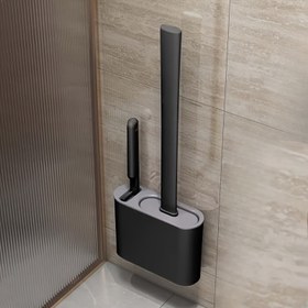 Resim Duvar Montajlı Saklama Kutusuyla Silikon Tuvalet Fırçası - Banyo ve Mutfak Temizliği İçin Düz Baş Tasarımı, Dayanıklı Siyah Silikon Malzeme, Kolay Asılabilir Organizatör 