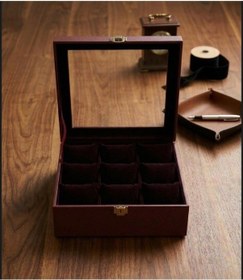 Resim Premium 9 Yuvalı Deri Kaplama Cam Kapaklı Şık Tasarım Saat Saklama Kutusu Ebat 23x25 Cm Bordo 