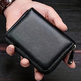 Resim Faux Leather Card Holder Wallet, Casual Style, Multi-Purpose, RFID Blocking, Secure Zippered Passport & Document Organizer, erkekler ve kadınlar için dayanıklı, çoklu kredi ve iş kartı yuvaları ile. 
